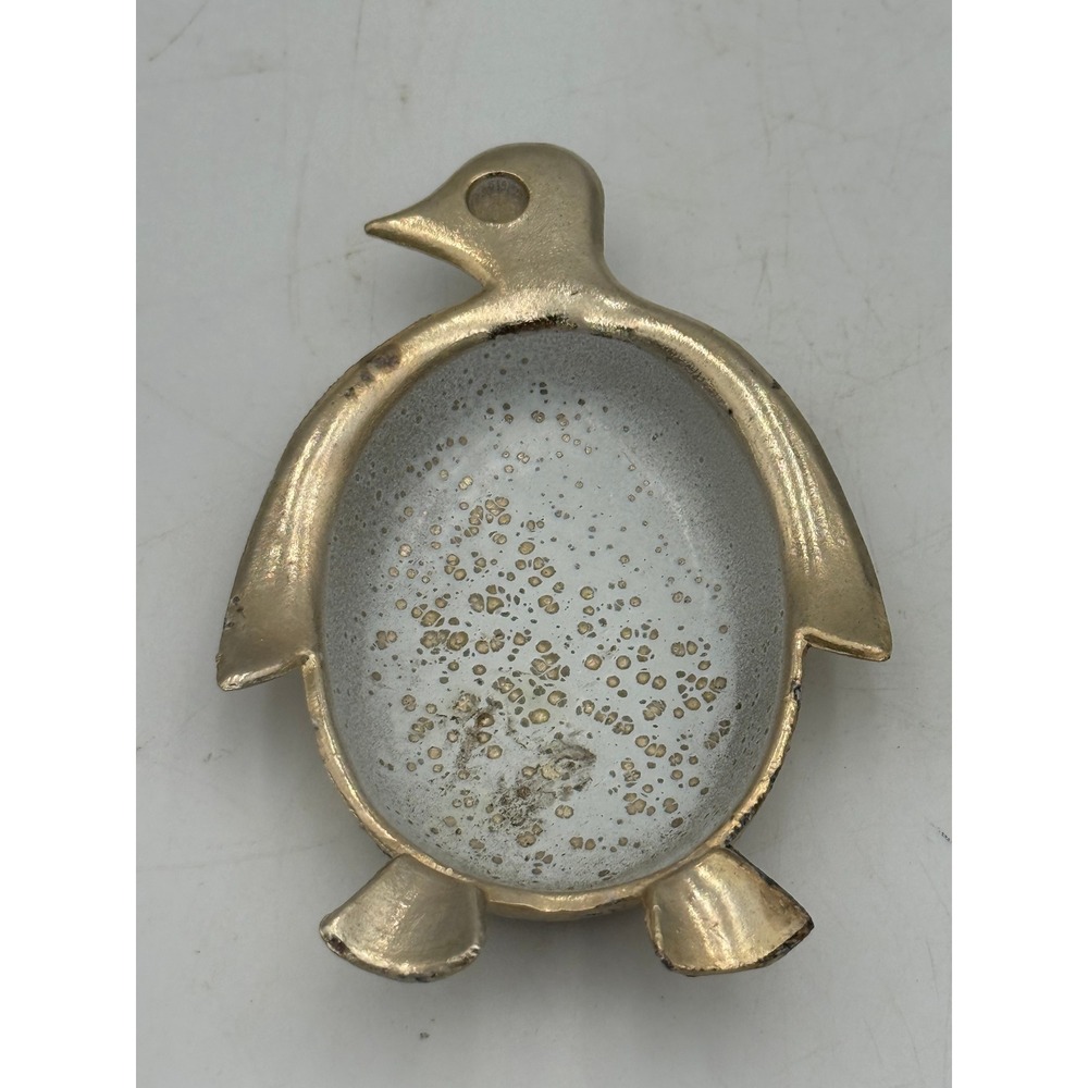 Vintage Brass Penguin Trinket Dish Gold Enamel Speckled Jewelry Tray Catchall